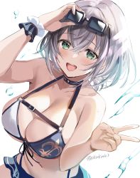 Rule 34 | 1girl, :d, akamoku, bikini, black-framed eyewear, blush, breasts, cleavage, commentary request, eyewear on head, green eyes, hair between eyes, highres, hololive, large breasts, looking at viewer, mole, mole on breast, open mouth, shirogane noel, silver hair, simple background, smile, solo, sunglasses, swimsuit, teeth, twitter username, upper teeth only, v, virtual youtuber, white background