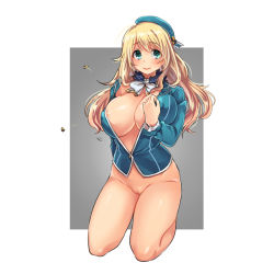 Rule 34 | 10s, 1girl, areola slip, atago (kancolle), bad id, bad pixiv id, blonde hair, bottomless, bow, breasts, covered erect nipples, female focus, green eyes, hat, kantai collection, kneeling, large breasts, long hair, looking to the side, no bra, open clothes, popped button, pussy, smile, solo, uncensored, wardrobe malfunction, yuniwa