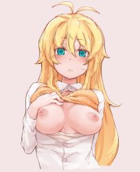 Rule 34 | 1girl, :&lt;, ahoge, bad id, bad pixiv id, blonde hair, blue eyes, blush, bra, bra lift, breasts, breasts out, closed mouth, hair between eyes, hand on own chest, highres, long hair, looking at viewer, medium breasts, mochi (mochi444420), nipples, open clothes, open shirt, simple background, solo, tsurumaki maki, underwear, upper body, voiceroid