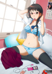 Rule 34 | 1girl, bed, black hair, bra, brown eyes, cellphone, glasses, ito hajime, lingerie, mouth hold, open clothes, open shirt, original, panties, phone, shirt, solo, striped clothes, striped panties, thighhighs, underwear