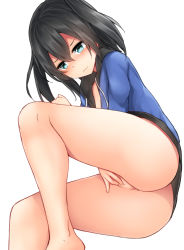 Rule 34 | 1girl, anus, black hair, blue eyes, blush, closed mouth, covering privates, covering crotch, hair between eyes, looking down, mizushina minato, no panties, open clothes, original, simple background, solo, thighs, twintails, two side up, wavy mouth, white background