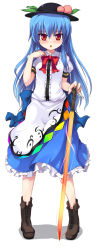 Rule 34 | 1girl, blue hair, boots, bow, bowtie, female focus, food, fruit, full body, hat, highres, hinanawi tenshi, long hair, long image, looking at viewer, mamo williams, peach, red eyes, simple background, solo, standing, sword, sword of hisou, tall image, touhou, weapon