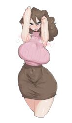 Rule 34 | 1girl, absurdres, armpits, arms up, blush, bra visible through clothes, breasts, brown hair, brown skirt, crayon shin-chan, curly hair, earrings, highres, jewelry, large breasts, leebo (leeboxxx), looking at viewer, medium hair, nohara misae, parted lips, presenting armpit, skirt, sleeveless, sleeveless turtleneck, smile, solo, tight clothes, turtleneck