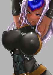 Rule 34 | 1girl, arc system works, armpits, belt, blush, breasts, cosplay, crossover, curvy, elbow gloves, forehead jewel, gloves, guilty gear, highres, huge breasts, long hair, mature female, namco, nipples, potikawauowou, purple eyes, purple hair, shizel, sleeveless, smile, tales of (series), tales of eternia, tales of the rays, zato-1