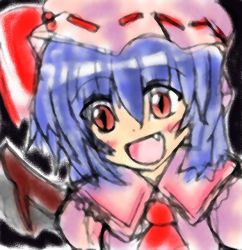 Rule 34 | 1girl, :d, blush, close-up, collar, fang, female focus, haru ion, hat, mob cap, necktie, open mouth, purple hair, red eyes, red necktie, remilia scarlet, short hair, smile, solo, tooth, touhou, upper body, wings