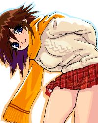 Rule 34 | 1girl, aran sweater, arms behind back, blue eyes, brown hair, cable knit, leaning forward, long sleeves, lowres, miniskirt, original, plaid, plaid skirt, ryoji (nomura ryouji), scarf, simple background, skirt, smile, solo, sweater, yellow scarf