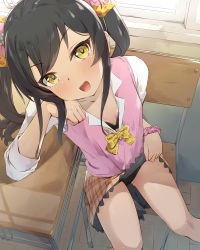 Rule 34 | 1girl, :d, animal print, black bra, black hair, black panties, blush, bow, bra, breasts, brown skirt, chair, clothes lift, collarbone, collared shirt, commentary request, day, desk, dress shirt, from above, hand up, highres, idolmaster, idolmaster cinderella girls, indoors, leopard print, lifting own clothes, looking at viewer, matoba risa, on chair, open clothes, open mouth, open shirt, panties, plaid, plaid skirt, pleated skirt, print bow, school chair, school desk, school uniform, seneto, shirt, sitting, skirt, skirt lift, small breasts, smile, solo, sunlight, sweater vest, teeth, twintails, underwear, upper teeth only, white shirt, window, yellow bow, yellow eyes