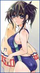 Rule 34 | 10s, black hair, brown eyes, choko (kandatake), competition swimsuit, kaga (kancolle), kantai collection, one-piece swimsuit, short hair, side ponytail, solo, swimsuit, towel
