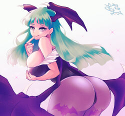 Rule 34 | 1girl, 2023, artist name, ass, back, bare shoulders, bat print legwear, bat wings, black leotard, blush, breast hold, breasts, bridal gauntlets, bursting breasts, cameltoe, capcom, chibi, cleavage, collarbone, commentary, cowboy shot, demon girl, eyeshadow, female focus, finger to cheek, floating hair, from behind, fur trim, green eyes, green hair, head wings, heart, heart-shaped pupils, highleg, highleg leotard, highres, hime cut, huge ass, huge breasts, large breasts, leaning forward, leotard, licking lips, long hair, looking at viewer, low wings, makeup, morrigan aensland, necktie, no pupils, pantyhose, purple eyeshadow, seductive smile, sideboob, simple background, skm nnm, smile, solo, sparkle, symbol-shaped pupils, thick thighs, thighs, tongue, tongue out, vampire (game), white background, white eyes, wide hips, wings