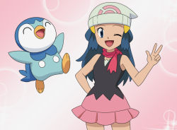 Rule 34 | 1girl, ;d, bare arms, beanie, blue eyes, blue hair, commentary request, creatures (company), dawn (pokemon), eyelashes, game freak, gen 4 pokemon, hair ornament, hairclip, hand up, hat, long hair, looking at viewer, nintendo, one eye closed, open mouth, pink skirt, piplup, pokemon, pokemon (anime), pokemon (creature), pokemon dppt (anime), scarf, shirt, skirt, sleeveless, sleeveless shirt, smile, tongue, w, white headwear, yume yoroi