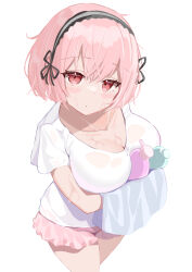 Rule 34 | 1girl, absurdres, alternate costume, azur lane, blush, bob cut, bottle, breasts, classic (zildjian33), cleavage, commentary request, hair between eyes, highres, large breasts, looking at viewer, miniskirt, pink hair, pink skirt, red eyes, shirt, short hair, simple background, sirius (azur lane), skirt, solo, white background, white shirt