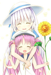 Rule 34 | 2girls, :d, blush, child, commentary request, dress, facing viewer, fang, flower, hair ornament, hairclip, hand up, happy, hat, highres, holding, holding flower, hug, hug from behind, katou umi, long hair, multiple girls, naruse shiroha, onion (s00234289), open mouth, purple hair, sailor dress, sailor hat, short sleeves, simple background, sleeveless, sleeveless dress, smile, standing, straight hair, summer pockets, sunflower, two side up, upper body, v, very long hair, white background, white dress, white hair, white headwear