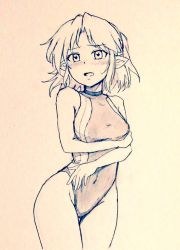 Rule 34 | 1girl, alternate costume, bare legs, braid, breasts, commentary request, competition swimsuit, covered navel, d-m (dii emu), eyelashes, french braid, greyscale, looking at viewer, mizuhashi parsee, monochrome, one-piece swimsuit, open mouth, pointy ears, short hair, swimsuit, touhou, traditional media