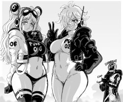 Rule 34 | 1boy, 2girls, black panties, black skirt, bodysuit, breasts, clapping, curvy, freckles, greyscale, groin, hair over one eye, helmet, highres, jacket, large breasts, leather, leather jacket, lewdamone, long hair, midriff, monochrome, multiple girls, navel, one piece, open mouth, panties, revealing clothes, short hair, skirt, smile, thick thighs, thighhighs, thighs, thong, twintails, underwear, vegapunk lilith, vegapunk shaka, vegapunk york, wide hips