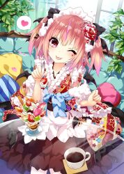 Rule 34 | 1girl, bat wings, black bow, blue bow, bow, brown skirt, coffee, coffee cup, couch, cup, disposable cup, facial mark, fang, feeding, flower, food, food on face, frilled kimono, frills, fruit, glass table, hair bow, hair flower, hair ornament, heart, highres, holding, holding spoon, indoors, iriam, japanese clothes, kimono, lolita fashion, looking at viewer, maid headdress, medium hair, obi, on couch, one eye closed, parfait, pillow, pink eyes, pink hair, pov, saeki touma, sash, sitting, skirt, smile, solo, spoken heart, spoon, strawberry, table, tongue, tongue out, two side up, virtual youtuber, wa lolita, whipped cream, wide sleeves, wings, yumemi tete