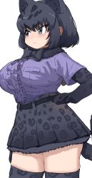 Rule 34 | 1girl, animal ears, animal print, arm at side, belt, black hair, black jaguar (kemono friends), blue eyes, bow, bowtie, breast pocket, breasts, closed mouth, cowboy shot, elbow gloves, extra ears, from side, fur scarf, gloves, high-waist skirt, highres, jaguar ears, jaguar girl, jaguar print, jaguar tail, kakanashi1, kemono friends, large breasts, medium hair, miniskirt, multicolored hair, pocket, print gloves, print skirt, print thighhighs, purple shirt, scarf, serious, shirt, short sleeves, sidelocks, simple background, skindentation, skirt, solo, tail, thighhighs, two-tone hair, v-shaped eyebrows, white background, zettai ryouiki