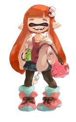 Rule 34 | 1girl, absurdres, alternate costume, boots, can, closed eyes, dango, drink can, eyebrows, fangs, food, fruit, hair ornament, hairpin, highres, hood, hoodie, inkling, inkling girl, inkling player character, judd (splatoon), minato (minat0), monster girl, nintendo, orange (fruit), orange theme, pantyhose, pointy ears, simple background, skirt, smile, soda can, splatoon (series), splatoon 1, tentacles, thick eyebrows, wagashi, white background