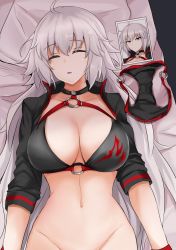 Rule 34 | ahoge, bed sheet, bikini, unworn bikini bottom, black bikini, black choker, black jacket, bottomless, breasts, choker, cleavage, closed eyes, commentary request, cropped jacket, fate/grand order, fate (series), gloves, hair between eyes, highres, jacket, jeanne d&#039;arc alter (swimsuit berserker) (fate), jeanne d&#039;arc (fate), jeanne d&#039;arc alter (fate), jeanne d&#039;arc alter (swimsuit berserker) (fate), large breasts, long hair, lying, multiple views, o-ring, o-ring bikini, o-ring bottom, o-ring top, on back, open mouth, out-of-frame censoring, photo (medium), pillow, poshi (ginmokusei), shrug (clothing), silver hair, sleeping, solo, swimsuit, yellow eyes