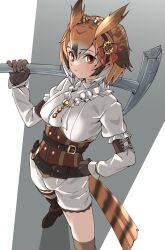 Rule 34 | 1girl, absurdres, alternate costume, belt, bird girl, bird tail, bird wings, black hair, boots, bow, breasts, brown corset, brown eyes, brown footwear, brown gloves, brown hair, collar, commentary, corset, eurasian eagle owl (kemono friends), frilled collar, frills, from above, gear hair ornament, gloves, hair between eyes, hair bow, hairband, head wings, highres, kemono friends, long sleeves, looking at viewer, medium breasts, multicolored hair, multiple belts, owl ears, owl girl, pickaxe, red bow, shirt, short hair, shorts, solo, steampunk, tail, tanabe (fueisei), white hair, white shirt, white shorts, wings