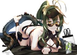 Rule 34 | 1girl, absurdres, alternate hairstyle, animal hair ornament, antenna hair, arknights, bag, bare shoulders, barefoot, breasts, crocodilian tail, cup, drinking glass, gavial (arknights), green hair, hair between eyes, hair ornament, handbag, highres, large breasts, long hair, looking at viewer, mr.blackcat666, official alternate costume, ponytail, simple background, smile, solo, sunglasses, tail, thighs, visor cap, white background, yellow eyes
