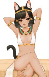 Rule 34 | 1girl, :d, absurdres, animal ears, armlet, armpits, arms behind head, arms up, barefoot, bell, black hair, black tail, blunt bangs, blush, bob cut, breasts, brown eyes, cat ears, cat girl, cat tail, collar, collarbone, crossed legs, dated commentary, egyptian clothes, eyeshadow, fang, hair tubes, headpiece, highres, jingle bell, looking at viewer, makeup, neck bell, open mouth, original, parted bangs, short hair, sidelocks, sitting, small breasts, smile, stone, tail, tail raised, tongue, tongue out, usekh collar, yagih