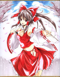 Rule 34 | 1girl, armpits, atoshi, bad id, bad pixiv id, bare shoulders, bow, cherry blossoms, detached sleeves, dress, female focus, hair bow, hakurei reimu, japanese clothes, marker (medium), midriff, miko, millipen (medium), no panties, outstretched arm, red dress, red eyes, shikishi, smile, solo, touhou, traditional media, tree