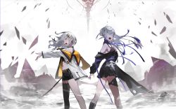 Rule 34 | 2girls, bare shoulders, black dress, black shorts, blunt bangs, closed eyes, coat, debris, dress, grey hair, hachi (live union), highres, jacket, kuronoiparoma, live union, long hair, multicolored clothes, multicolored coat, multicolored jacket, multiple girls, music, off-shoulder dress, off shoulder, open mouth, outstretched leg, shorts, singing, single thighhigh, thigh strap, thighhighs, vesperbell, virtual youtuber, yomi (vesperbell)