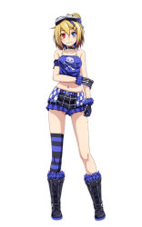 Rule 34 | 1girl, black footwear, blonde hair, blue eyes, blue shorts, blush, boots, burning stone (module), closed mouth, collar, collarbone, full body, gloves, hair between eyes, hair ornament, hairclip, heterochromia, highres, kagamine rin, looking at viewer, midriff, navel, project diva (series), red eyes, short hair, short shorts, shorts, simple background, single thighhigh, skull print, smile, solo, standing, stomach, striped clothes, striped thighhighs, tank top, thighhighs, tsukishiro saika, vocaloid, white background