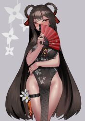 Rule 34 | 1girl, absurdres, arm support, bare shoulders, black gloves, braid, braided hair rings, breasts, brown hair, china dress, chinese clothes, cowboy shot, dress, flower, gloves, goddess of victory: nikke, grin, hair ribbon, hair rings, half gloves, hand fan, highleg, highleg dress, highres, holding, holding fan, long hair, medium breasts, navel, paper fan, red eyes, ribbon, sitting, smile, solo, thigh strap, twin braids, user gdzf5548, very long hair, yan (nikke)