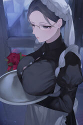 Rule 34 | 1girl, apron, black dress, black hair, blush, breast rest, breasts, button gap, dress, flower, glasses, hat, highres, holding, holding tray, juliet sleeves, koyo akio, large breasts, long sleeves, looking ahead, mob cap, original, puffy sleeves, red flower, red rose, rimless eyewear, rose, solo, tray, white apron