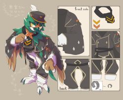 Rule 34 | belt, black belt, chevron (symbol), clothed pokemon, commentary request, creatures (company), decidueye, game freak, gen 7 pokemon, grey background, hat, highres, long sleeves, nintendo, no humans, pkpokopoko3, pokemon, pokemon (creature), red pupils, solo, standing, talons, translation request, yellow eyes