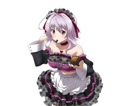 Rule 34 | 1girl, apron, black skirt, breasts, cleavage, collarbone, detached sleeves, hair between eyes, hair ribbon, headdress, large breasts, leaning forward, long hair, midriff, mouth hold, navel, purple hair, red eyes, red ribbon, ribbon, skirt, solo, standing, stomach, strapless, strea (sao), sword art online, transparent background, white apron