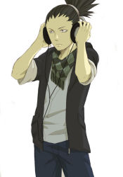 Rule 34 | 1boy, black hair, headphones, male focus, nara shikamaru, naruto, naruto (series), rereren, scarf, simple background, solo, white background