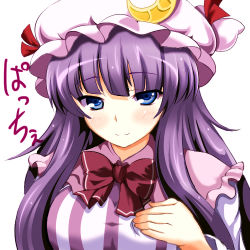 Rule 34 | 1girl, blue eyes, blush, bow, breast suppress, breasts, close-up, crescent, dress, female focus, hand on another&#039;s chest, hat, large breasts, long hair, lowres, necktie, nekur, patchouli knowledge, pink dress, purple hair, simple background, smile, solo, striped, touhou, vertical stripes