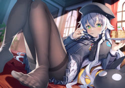 Rule 34 | 1girl, altina orion, beret, black capelet, black hat, black jacket, black pantyhose, blurry, blurry background, blush, capelet, commentary request, curtains, depth of field, eiyuu densetsu, falcom, food, foreshortening, green eyes, gurasion (gurasion), hair between eyes, hat, holding, holding plate, indoors, jacket, knees together feet apart, knees up, long hair, looking at viewer, lying, no shoes, on back, pancake, pancake stack, pantyhose, plate, pleated skirt, sen no kiseki, sen no kiseki iii, silver hair, skirt, solo, sunlight, thighband pantyhose, thighs, utensil in mouth, very long hair, white skirt, window