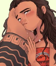 Rule 34 | 1boy, 1girl, arm tattoo, brown eyes, brown hair, crying, crying with eyes open, dark-skinned female, dark-skinned male, dark skin, fingernails, hand on another&#039;s cheek, hand on another&#039;s face, hetero, highres, jewelry, looking at viewer, maui (moana), moana (movie), moana waialiki, necklace, pano (mohayayamai), pov, pov hands, size difference, strapless, streaming tears, tattoo, tears, tribal tattoo, tube top