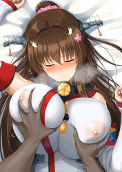 Rule 34 | 1girl, absurdres, alternate breast size, blush, grabbing another&#039;s breast, breasts, brown hair, cherry blossoms, covered erect nipples, detached sleeves, closed eyes, flower, grabbing, hair flower, hair intakes, hair ornament, headgear, highres, huge breasts, kantai collection, long hair, lying, nose blush, on back, ponytail, see-through, solo focus, user hvdz2885, yamato (kancolle), z flag