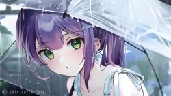 Rule 34 | 1girl, alternate hair length, alternate hairstyle, amanai daisy, barbell piercing, bare shoulders, ear piercing, earrings, flower earrings, green eyes, hair ornament, hairclip, holding, holding umbrella, hololive, jewelry, long hair, looking at viewer, official art, paid reward available, parted lips, piercing, ponytail, purple hair, rain, solo, surprised, tokoyami towa, umbrella, virtual youtuber