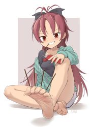Rule 34 | 1girl, aomoro, barefoot, between toes, commentary, feet, food, food in mouth, food on toes, foot focus, holding with feet, highres, hood, hoodie, jewelry, mahou shoujo madoka magica, mahou shoujo madoka magica (anime), off shoulder, pocky, pocky in mouth, ponytail, red eyes, red hair, ring, sakura kyoko, shorts, signature, simple background, sitting, smile, soles, symbol-only commentary, toes