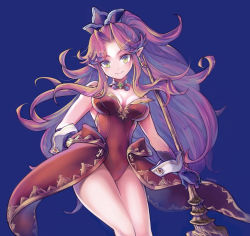 Rule 34 | angela (seiken densetsu 3), blue background, breasts, cleavage, closed mouth, covered navel, cowboy shot, cuffs, detached collar, earrings, gloves, green eyes, hat, highres, hiroita, holding, holding staff, jewelry, leotard, long hair, pointy ears, ponytail, purple gloves, purple hair, red leotard, seiken densetsu, seiken densetsu 3, simple background, smile, staff, strapless, wooden staff