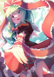 Rule 34 | 1girl, arm ribbon, bow, brown shirt, cibiscuit, frilled bow, frilled ribbon, frilled skirt, frills, from below, front ponytail, green eyes, green hair, hair between eyes, hair bow, hair ribbon, highres, kagiyama hina, looking at viewer, looking down, open mouth, red ribbon, red skirt, ribbon, shirt, skirt, smile, solo, touhou