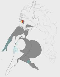 Rule 34 | 1girl, absurdres, afterimage, arched back, ass, back, breasts, cleft of venus, closed mouth, colored sclera, colored skin, fang, female focus, from behind, full body, highres, huge ass, long hair, looking back, midna, monochrome, motion lines, multicolored skin, neon trim, nintendo, nude, pointy ears, prehensile hair, profile, pussy, red eyes, sideboob, sketch, smile, solo, thanuki, the legend of zelda, the legend of zelda: twilight princess, thick thighs, thighs, two-tone skin, uncensored, very long hair, yellow sclera