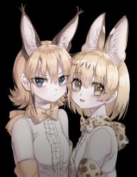 Rule 34 | 2girls, azen (mntimcczgrtn), bare shoulders, black background, blonde hair, bow, bowtie, caracal (kemono friends), elbow gloves, fang, gloves, grey eyes, highres, kemono friends, looking at viewer, medium hair, multiple girls, ringed eyes, serval (kemono friends), shirt, simple background, smile, wavy eyes, white shirt, yellow eyes