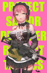 Rule 34 | 1girl, absurdres, apron, bad id, bad pixiv id, bandaid, bandaid on face, bare shoulders, black gloves, black thighhighs, bow, breasts, bypos, cigarette, cleavage, cowboy shot, detached collar, elbow gloves, english text, frills, garter straps, gloves, green eyes, gun, hair bow, highres, holding, holding gun, holding weapon, large breasts, looking at viewer, maid, maid apron, maid headdress, military, original, pink hair, rifle, short hair, solo, text background, text focus, thighhighs, weapon, zettai ryouiki