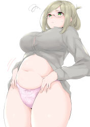 Rule 34 | 1girl, blush, breasts, buttons, closed mouth, cowboy shot, folded ponytail, glasses, green eyes, grey shirt, highres, kantai collection, katori (kancolle), large breasts, light brown hair, long hair, long sleeves, motion lines, navel, panties, pink panties, plump, shirt, simple background, solo, takomeshi, underwear, white background