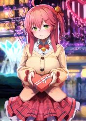 Rule 34 | 1girl, bell, blurry, blurry background, blush, bow, bowtie, box, breasts, brown cardigan, cardigan, closed mouth, collared shirt, commentary request, green eyes, hair bell, hair between eyes, hair bow, hair ornament, heart-shaped box, highres, holding, holding box, hololive, jingle bell, large breasts, long hair, long sleeves, looking at viewer, nyan (reinyan 007), one side up, outdoors, plaid, plaid skirt, pleated skirt, red bow, red bowtie, red hair, red skirt, sakura miko, sakura miko (casual), shirt, skirt, smile, solo, virtual youtuber, white shirt