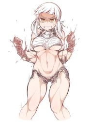 Rule 34 | 1girl, anger vein, angry, bandeau, bare shoulders, black gloves, black panties, blunt bangs, breasts, breasts apart, clenched hands, clenched teeth, commentary request, exploding clothes, fate/grand order, fate (series), fingerless gloves, gloves, groin, halterneck, hands up, large breasts, long hair, looking at viewer, motion lines, muscular, muscular female, navel, panties, penthesilea (fate), shaded face, sidelocks, simple background, solo, standing, stomach, teeth, thighs, uccow, underboob, underwear, v-shaped eyebrows, v-shaped eyes, white background, white hair, wing collar, yellow eyes