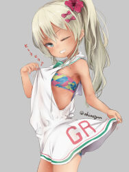 1girl akino_shuu bare_arms bare_shoulders bikini bikini_under_clothes blonde_hair blue_bikini bow breasts commentary_request dress flower grecale_(kancolle) grecale_(swimsuit_mode)_(kancolle) grey_background grey_hair grin hair_between_eyes hair_bow hair_flower hair_ornament kantai_collection long_hair looking_at_viewer nail_polish ponytail purple_nails red_bow red_flower sailor_collar sailor_dress sideless_dress simple_background sleeveless sleeveless_dress small_breasts smile solo swimsuit translation_request twitter_username very_long_hair white_dress white_sailor_collar