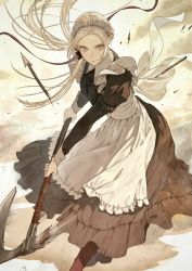 Rule 34 | 1girl, alternate costume, apron, arrow (projectile), axe, black dress, dress, edelgard von hresvelg, enmaided, expressionless, fire emblem, fire emblem: three houses, fire emblem warriors, fire emblem warriors: three hopes, grey eyes, grey hair, long hair, looking at viewer, maid, maid apron, maid headdress, motion blur, mueririko, nintendo, simple background, solo, weapon, weapon request