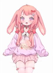 Rule 34 | 1girl, animal ears, bow, choker, collared sweater, cowboy shot, ebichi (mon600n), hair bow, hair ornament, hairpin, long hair, long sleeves, looking at viewer, low-tied long hair, multiple hairpins, open mouth, original, pink eyes, pink hair, pink skirt, pink sweater, pleated skirt, rabbit ears, rabbit girl, red bow, simple background, skirt, sleeves past wrists, smile, solo, sweater, thighhighs, white background, white choker